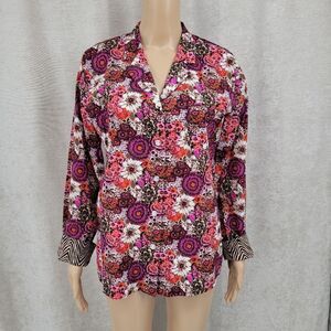 Vera Bradley Rosewood Floral Button Down Cotton Flip Cuff Contrast Top Blouse